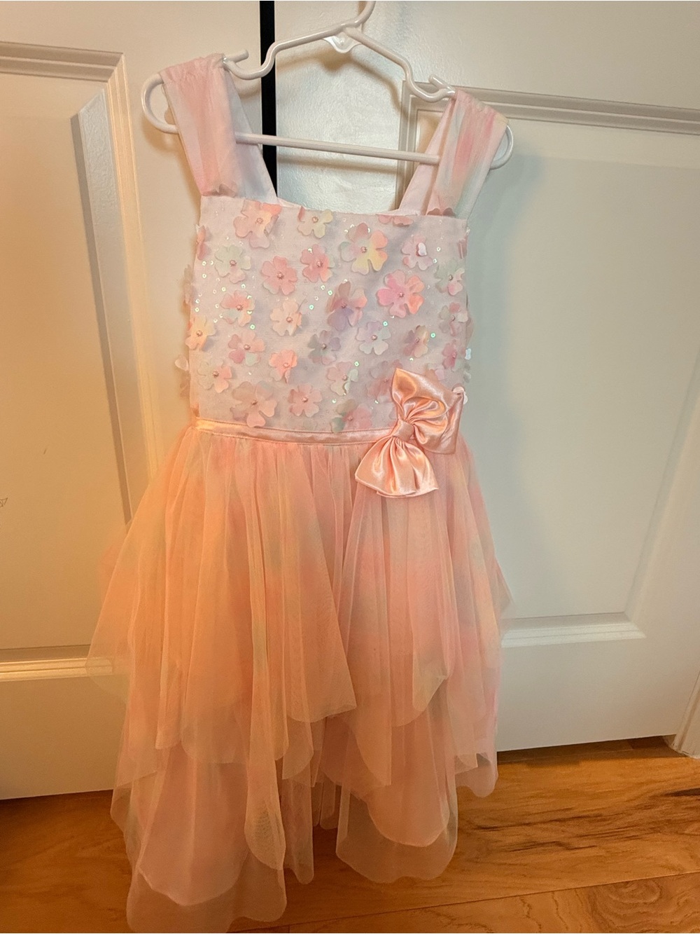 Jona Michelle Pink Floral Tulle Party Dress with Satin Bow